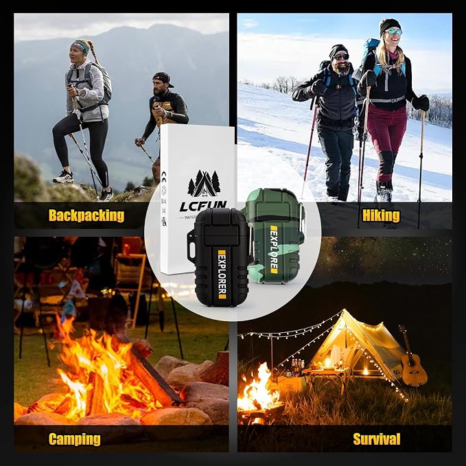 LcFun Fathers Day Dad Gifts Electric Lighter Windproof Dual Arc USB Rechargeable Flameless Plasma Lighters Waterproof Matches for Camping Hiking Survival Tactical Gear Birthday Gifts for Men