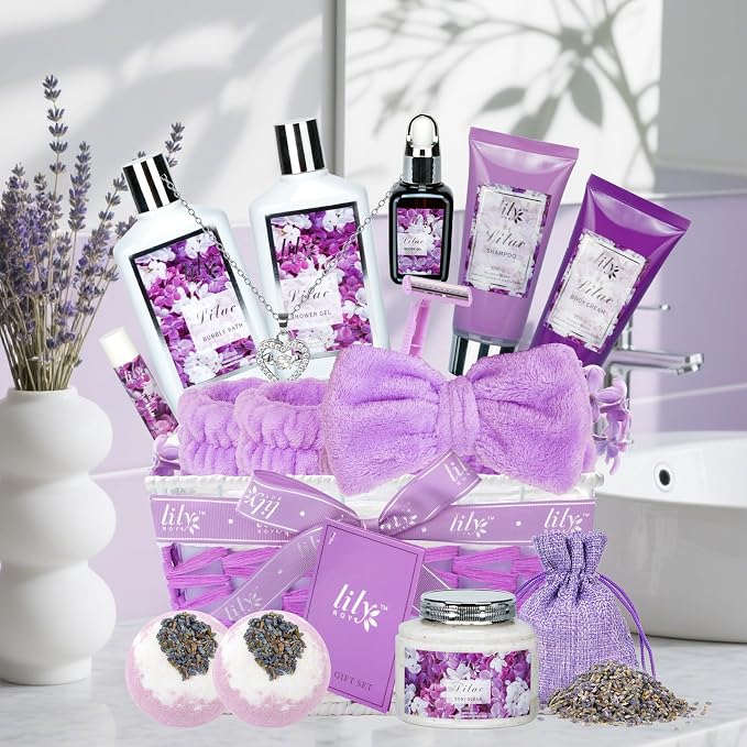 17Pcs Spa Gifts Spa Kit - Perfect Lavender Lilac Spa Gift Baskets for Women