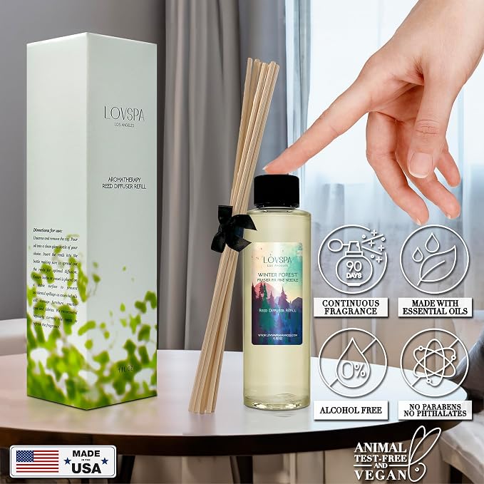 Winter Forest Reed Diffuser Oil Refill, 4 oz, Woody Fragrance, Aroma | Fir needles, juniper, and sandalwood profile, includes replacement reeds, entryway, living room, luxury home scent