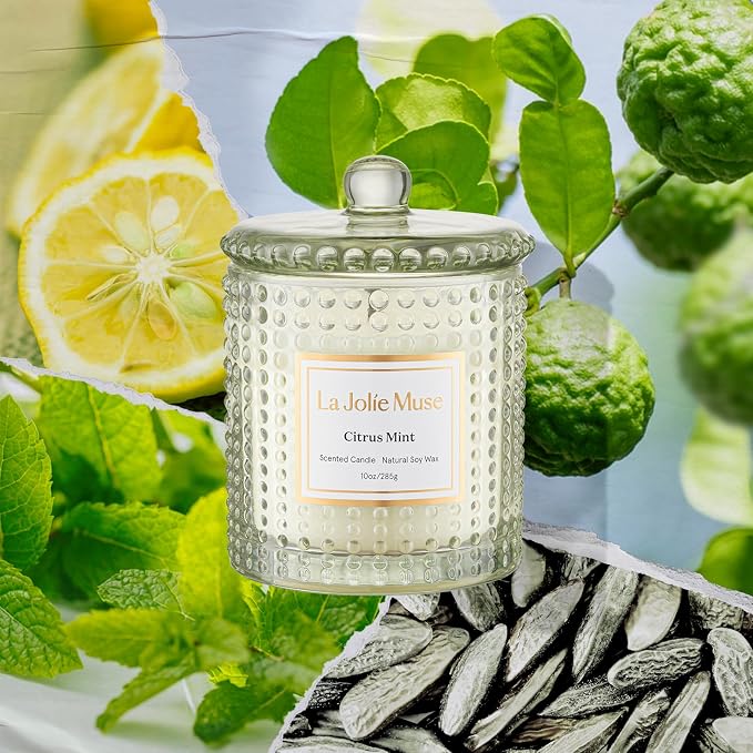 LA JOLIE MUSE Citrus Mint Scented Candle | Eucalyptus, Bergamot & Yuzu | 10 oz Natural Soy Wax | 55 Hours Clean Burn | Cozy Home Décor | Gift for Hosts