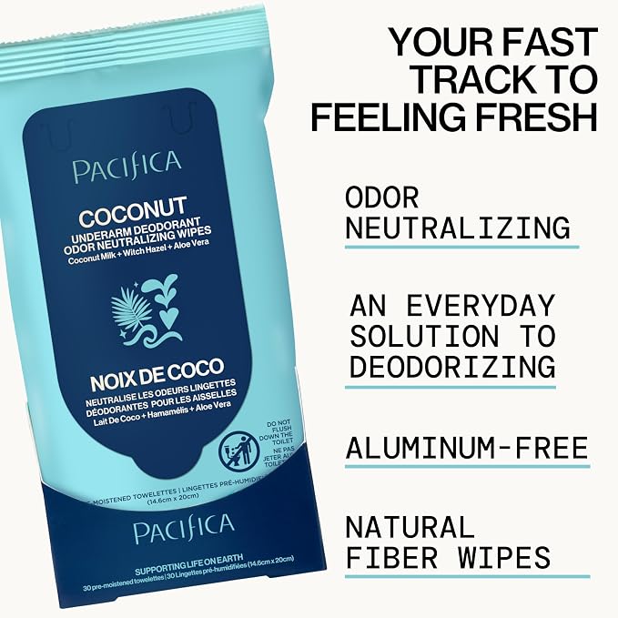 Pacifica Beauty Coconut Milk & Essential Oils Underarm Deodorant Wipes, Helps Remove Odor, Aluminum-Free, Vegan & Cruelty-Free, 30 Wipes (1-Pack)