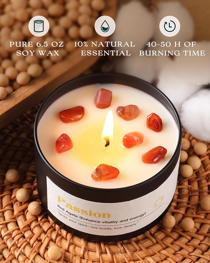 AOOVOO Crystal Energy Candles Set for Women - 4 Pack 26 oz Soy Wax Candles for Home Scented, 200 Hour Long Lasting Candle, Laughter Red Crystal/Love Rose Quartz/Joy Citrine/Passion Red Quartz