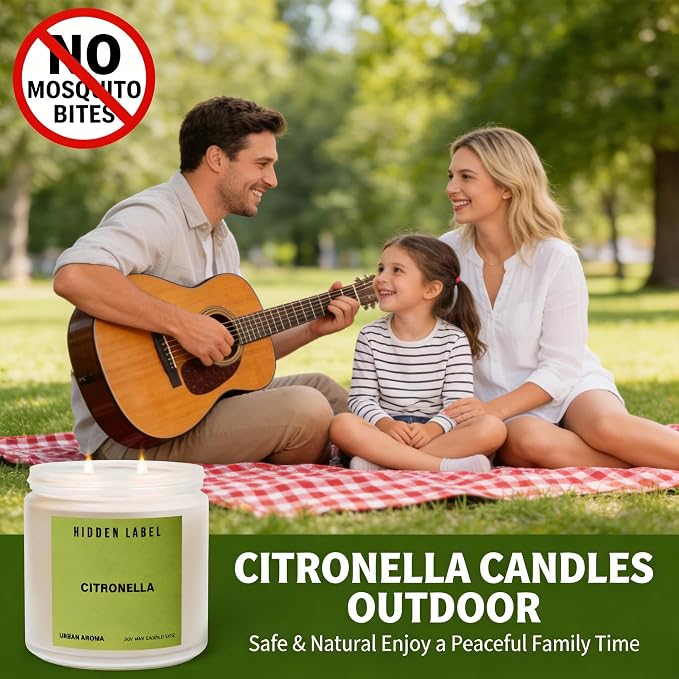 Hidden Label Citronella Candles Outdoor, 12oz 2-Wick, 50H Citrus Fresh | Non-Toxic Vegan Soy Wax | Citrus & Citronella Fresh Outdoor Scent | Even Melt No Tunneling | Patio Deck BBQ Indoor