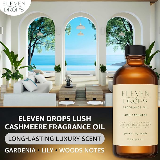 Lush Cashmere Fragrance Oil | Gardenia, Lily & Woods Notes | Long Lasting Scent Reed Diffuser Oil for Home, Office, Hotel, Spa, Car & Linen Spray | Pet Friendly IFRA Compliant, 4 oz