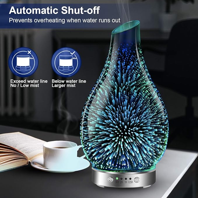 MAXWINER Essential Oil Diffusers Ultrasonic 3D Glass Aromatherapy Diffuser, Auto Shut-Off, Timer Setting, 7 Colors LED Lights Changing for Home, Office, Spa 120ml