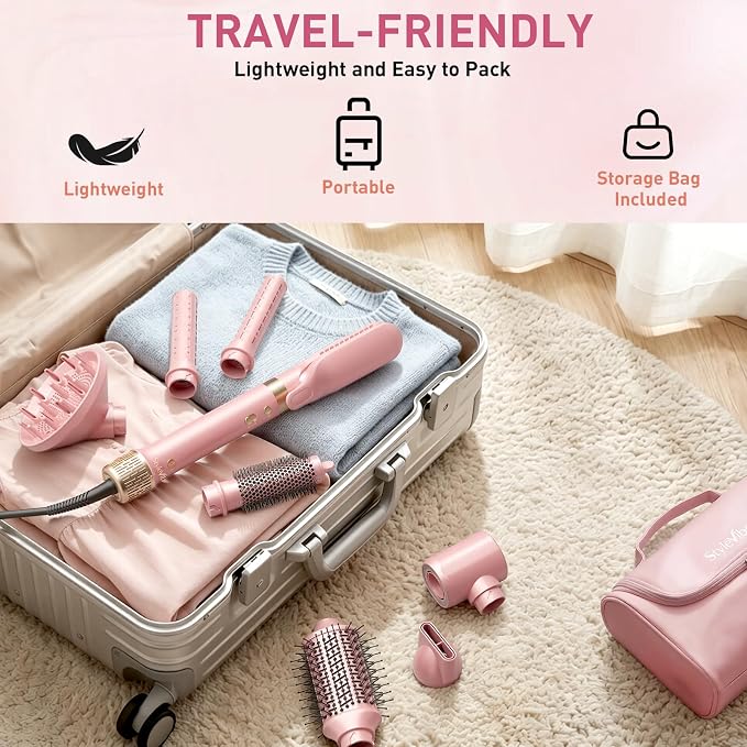 Mythsight StyleVibe Dual Voltage 8-in-1 Air Styler with Diffuser Hair Dryer, Auto Curlers (L/R), Straightener Brush, Travel Adapter & Case for Fast Drying, Frizz-Free Volume & Smooth Blowouts Styles