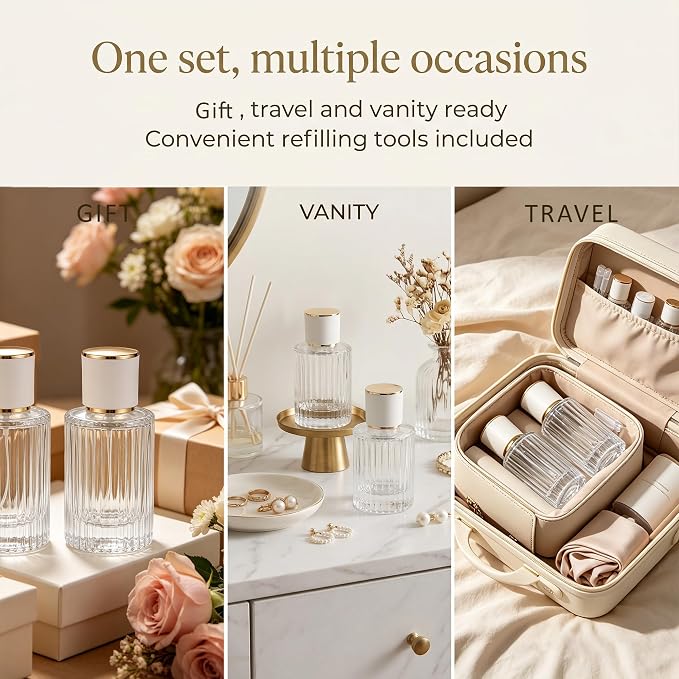 YU FENG 2 Pack Refillable Glass Spray Perfume Bottles, 50ML Clear Fine Mist Atomizer with Gold Rim & Cream Cap, Empty Portable Glass Essential Oil Spray Bottles for Travel, Home, DIY Fragrance