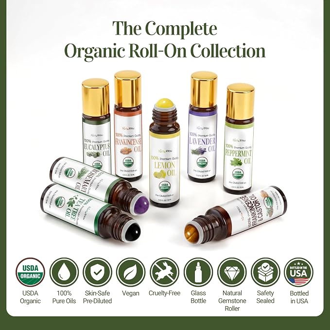 Eucalyptus Essential Oil Roll On for Sinus Congestion Headache - 100% Pure USDA Organic MCT Coconut Oil - Cooling Breathwork Chest Aromatherapy Mental Clarity Focus - Gemstone Roller 10ml Travel Size