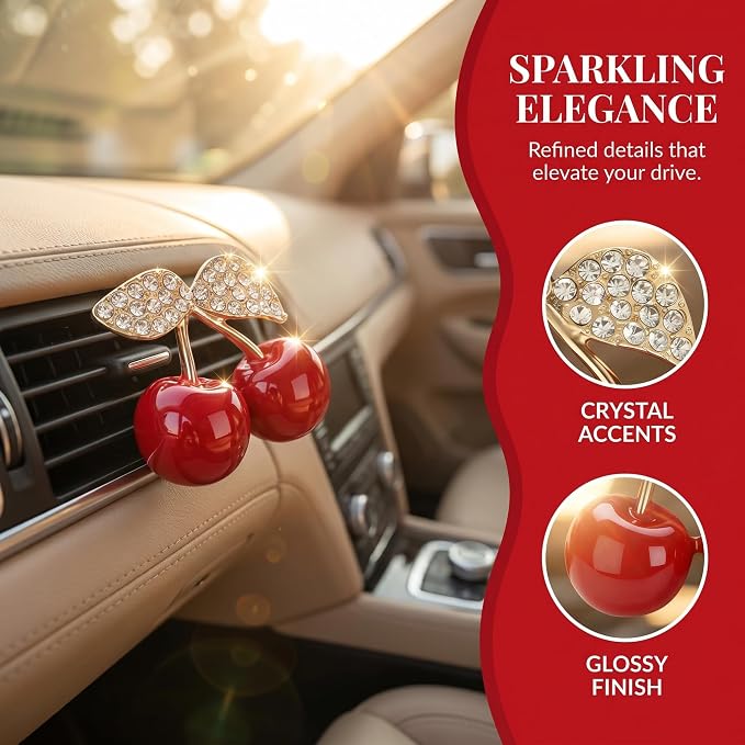 4Pcs Cherry-Shaped Car Air Freshener Vent Clips with Rhinestones, Unscented Cute Car Air Freshener for Men Women, Fragrance Diffuser Clip for Car and Truck Air Fresheners, Sparkling Decor-A10