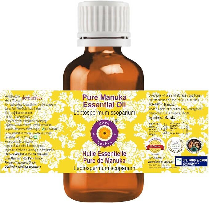 dève herbes Manuka Essential Oil (Leptospermum scoparium) Pure | Non-Sticky | Non-Greasy | Lightweight | Men & Women | All Skin Types | Steam Distilled 100ml (3.38 oz)