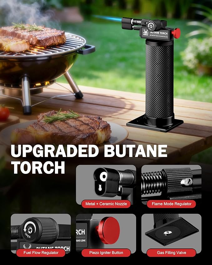 RAVS Butane Torch Lighter, DUAL Flame Mode Kitchen Torch with Adjustable Flame, Refillable Creme Brulee Torch for Baking, Cooking, Metal Body Soldering Torch, Black/Red, Butane Gas Not Included