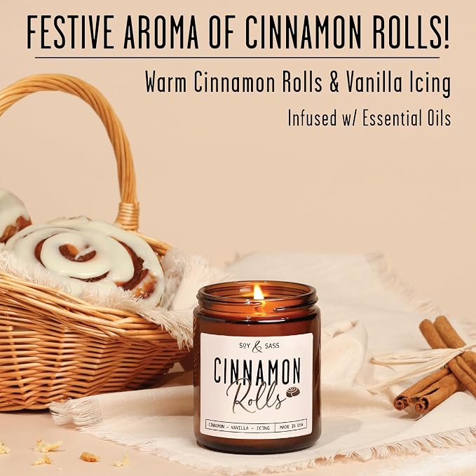 Cinnamon Candle, Fall Candles, Christmas Candles - 'Cinnamon Rolls' Autumn Scented Soy Candle for Home, 9oz Reusable Jar, 50Hr Burn, Made in USA