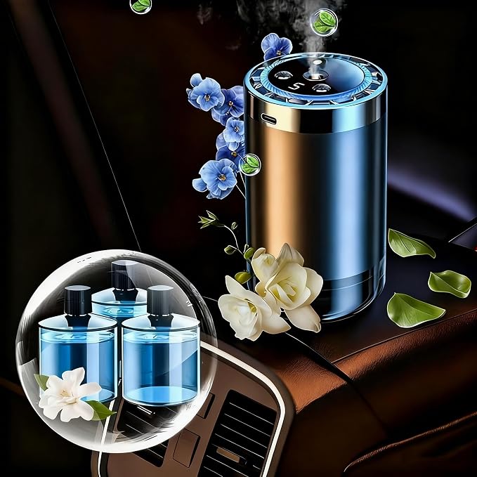 Car USB Aroma Diffuser, Portable Aroma Diffuser, with LED Ambient Light, Easy to Operate, deodorizing Function, Suitable for Cars and Home use, Comes with 3 Bottles of Ocean Essential Oil