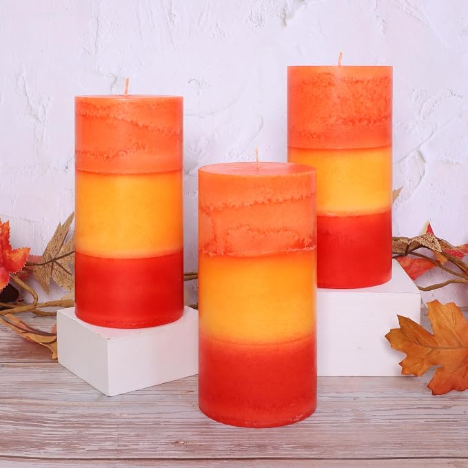 3×6 Inch Orange Pillar Candles, Pumpkin Scented Pillar Candles - Long Burning 70+ Hours, Dripless & Smokeless, Aromatherapy Candles for Thanksgiving Day Dinner Table Décor, Set of 3