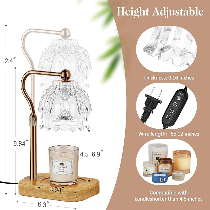 Candle Warmer Lamp with Timer Dimmer, Modern Wax Warmer for Scented Wax Jar Candle Warmer with 2 Bulbs, Adjustable Height Glass Lamp for Gifts for Women, Home Decor, Gold Clear