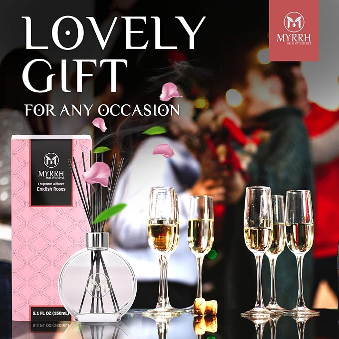 English Roses Scented Reed Diffuser Set with 8 Rattan Diffuser Sticks, 150 ml, All Natural Air Freshener, Long-Lasting Diffusers at Home - MyrrhUSA