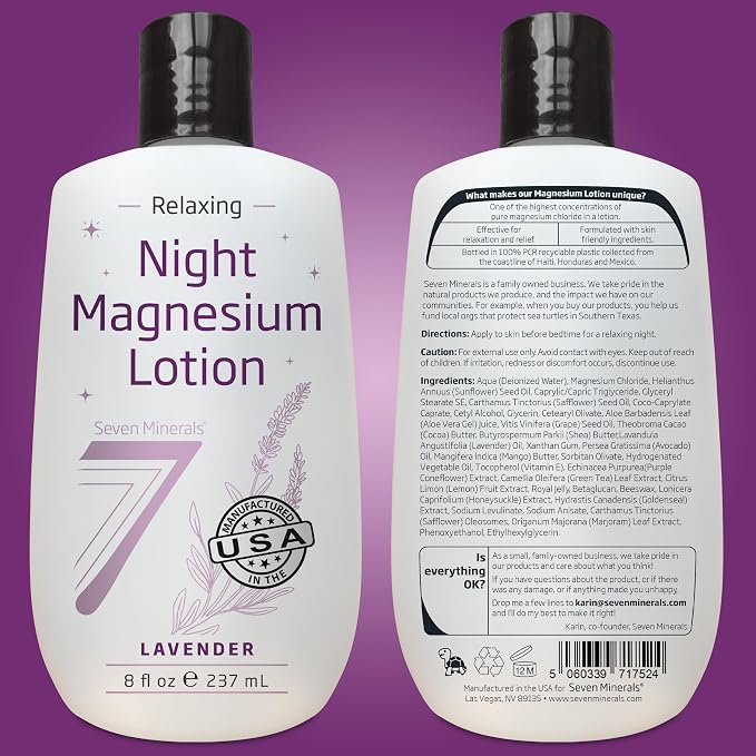 Seven Minerals Magnesium Lotion for Sleep - Lavender Relaxing Night Blend - Highly Concentrated Magnesium for Better Sleep, Body & Mind Relaxation. Non-Greasy Skin Friendly - 8 fl oz