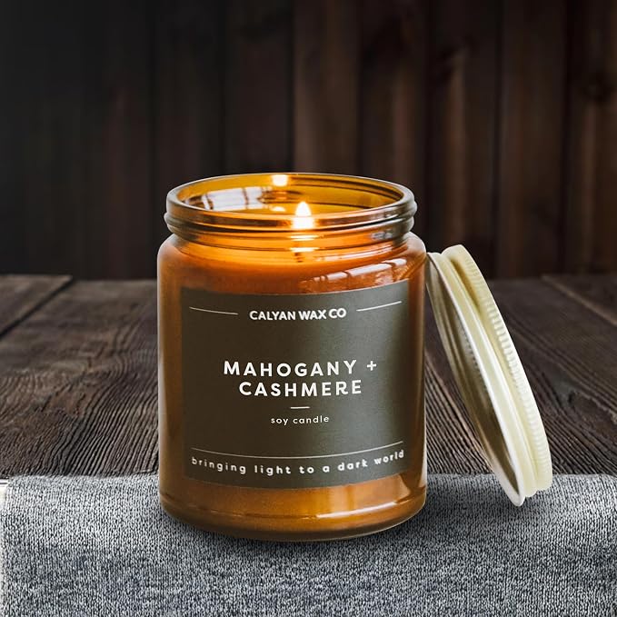 Calyan Wax Co. Mahogany & Cashmere Scented Candle - 57 Hour Burn - Luxury Clean Soy Wax Candles - Long Lasting Amber Glass Jar Candle for Home - 7.2oz