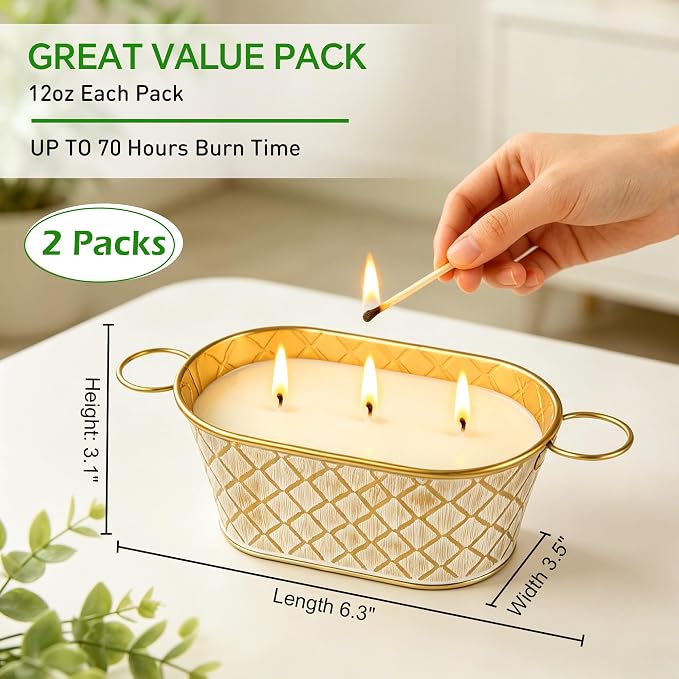 Citronella Candles Outdoor, Large Soy Wax Candle for Patio, 2 Packs 140 Hours Long Burn Lemongrass Citronella Scented Tin Candle for Home, Outdoor, Garden, Yard, Camping, Party, Terrace (3-Wick)