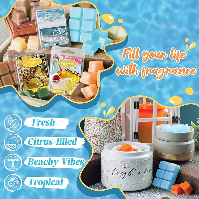 ARVIDSSON Summer Scented Wax Melts, Tropical Soy Wax Cubes for Warmer, Strong Scent Fragrance Melts, Ocean Breeze, Pina Colada, Fresh Cotton, Pineapple and More, Candle Melts Gift Set
