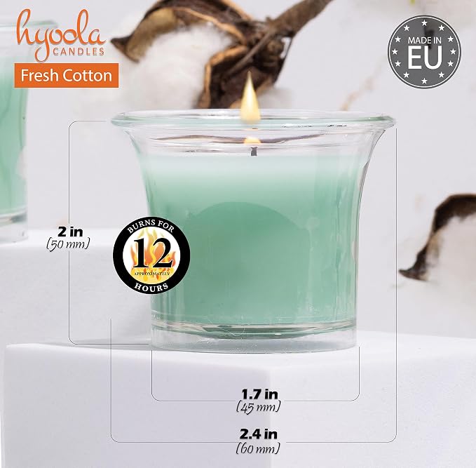 Hyoola Clear Cup Scented Votive Candles - Fresh Cotton - 12 Hour Burn Time - 4 Pack - European Made