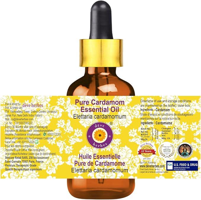 Deve Herbes Pure Cardamom Essential Oil (Elettaria cardamomum) with Glass Dropper Steam Distilled (Pack of Two) 100ml X 2 (6.76 oz)