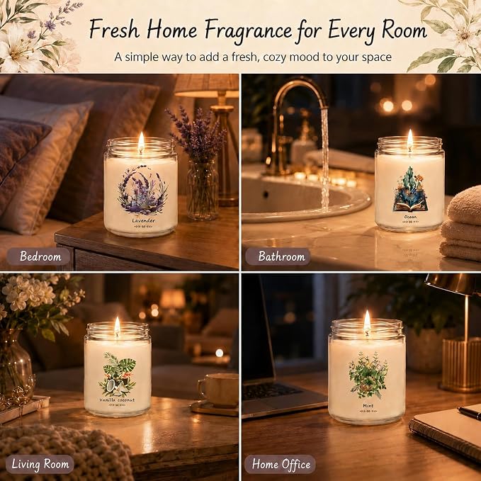 6 Pack Scented Candles Gift Set for Women, Soy Wax Jar Candles for Home, 37.8 oz Total Up to 300 Hours Burn Time, Fresh Scents, Lavender Lemon Mint Ocean Watermelon Vanilla Coconut