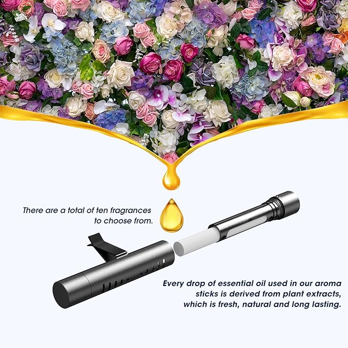 Car Air Freshener, RoyAroma Car Diffuser Vent Clips Set with 10 Bags Different Scents Essential Oil Stick (2 Sticks Each) and 8 Unscented Refill Sticks for Women Men Automotive Fragrance Decoration