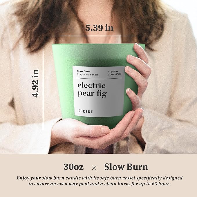 Hidden Label Electric Pear Fig Scented Candle, 30oz Large 3 Wick Natural Soy Wax Candle, 120 Hours Slow Burn Aromatherapy Candle for Home, Serene Collection Luxury Home Décor