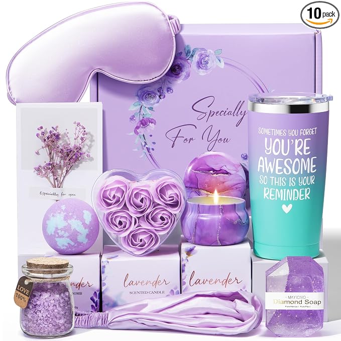 Birthday Gifts for Women Friendship, Lavender Relaxing Spa Gifts Basket for Women, Self Care Thank You Gift Bath Set Mothers Day Gifts for Mom Her Friends Wife Sister Coworker Nurse Teacher