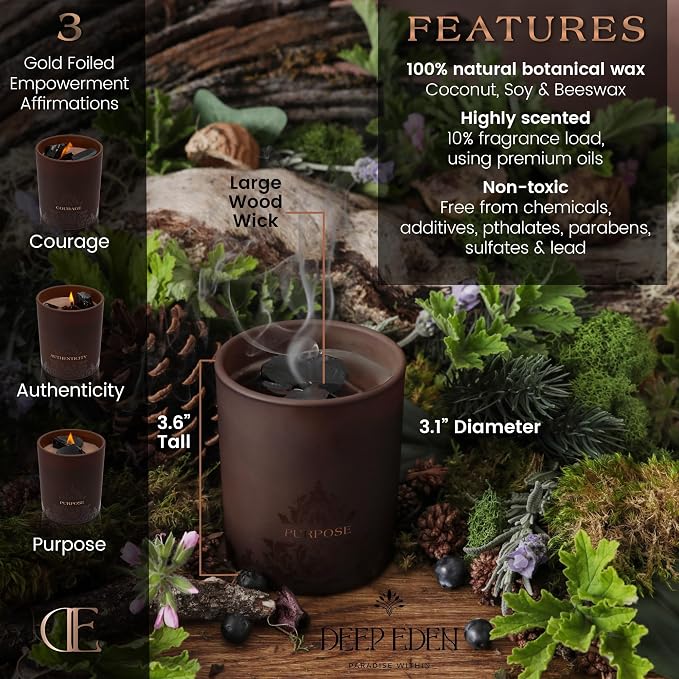 Forest Mahogany Scented Crystal Candle - Luxury Empowerment Candle with Black Tourmaline Crystals - 7.4oz Natural Soy, Coconut & Beeswax Wood Wick Candles for Men