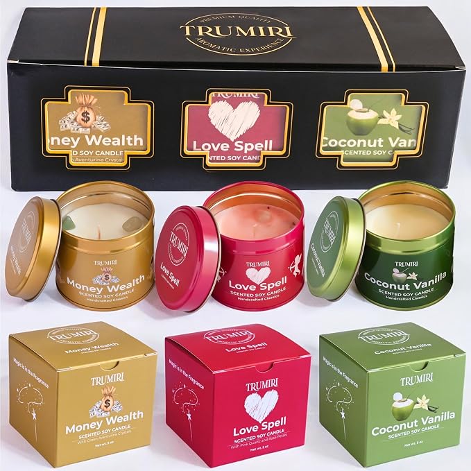 Love Spell, Money Wealth, Coconut Vanilla - Soy Candles Non Toxic - Highly Scented Long Lasting with Essential Oils - Variety Pack of 3 x 5oz - for Home Aromatherapy Meditation Gift Travel
