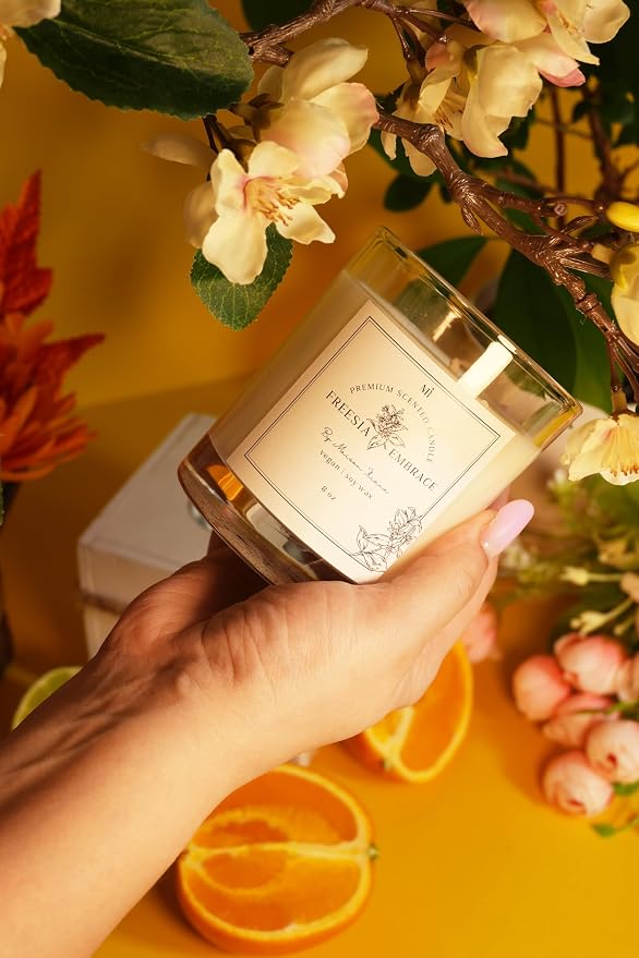 Fressia Scented Candle for Home | Natural Soy Wax 8oz Jar | Highly Scented Floral Aromatherapy | Long Lasting Fresh Fragrance | Stress Relief | Premium Room Decor | Elegant Gift for Women
