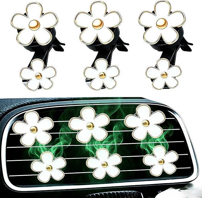 6 Pcs White Daisy Flower Car Air Freshener Vent Clip, Refillable Car Diffuser Daisy Car Accessories, Car Decorations Interior for Car Bathroom Office Pet Houses-White