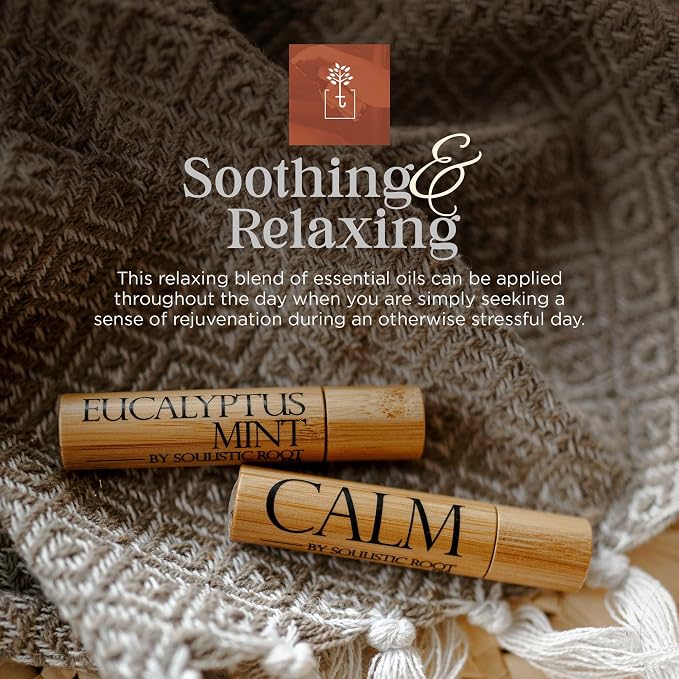 Soulistic Root Calm Essential Oil – Chamomile & Clary Sage + Breathe Eucalyptus & Peppermint Roller – Aromatherapy Blends Ideal for Relaxation, Head Massage & Clarity – Gift Set for Women – 10ml Each