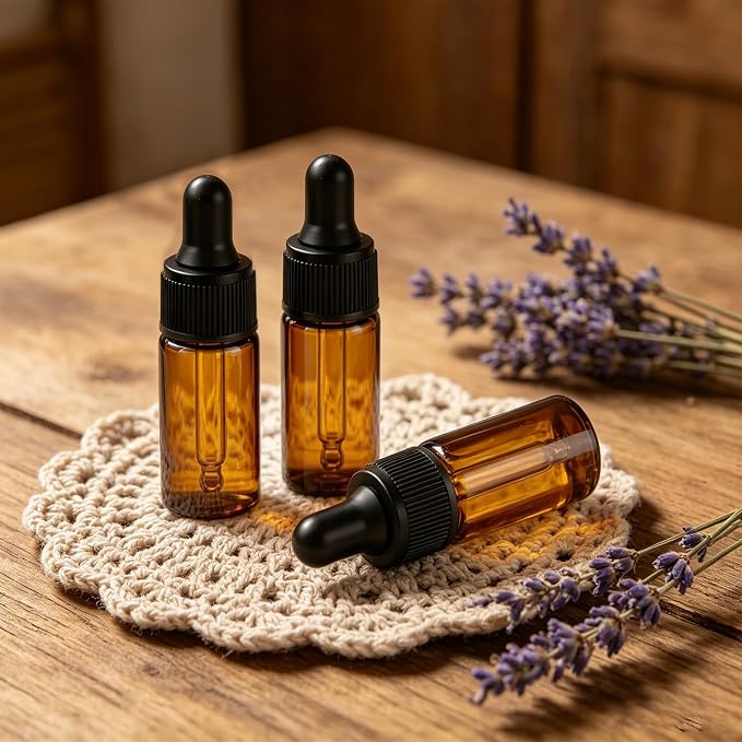 Elfenstall- 10pcs 10ml 1/3oz Amber Mini Glass Bottle Amber Sample Vial Small Essential Oil Bottle with Glass Eye Dropper Refillable Containers + 1pc Clean Cloth + 1pc 3ml Dropper