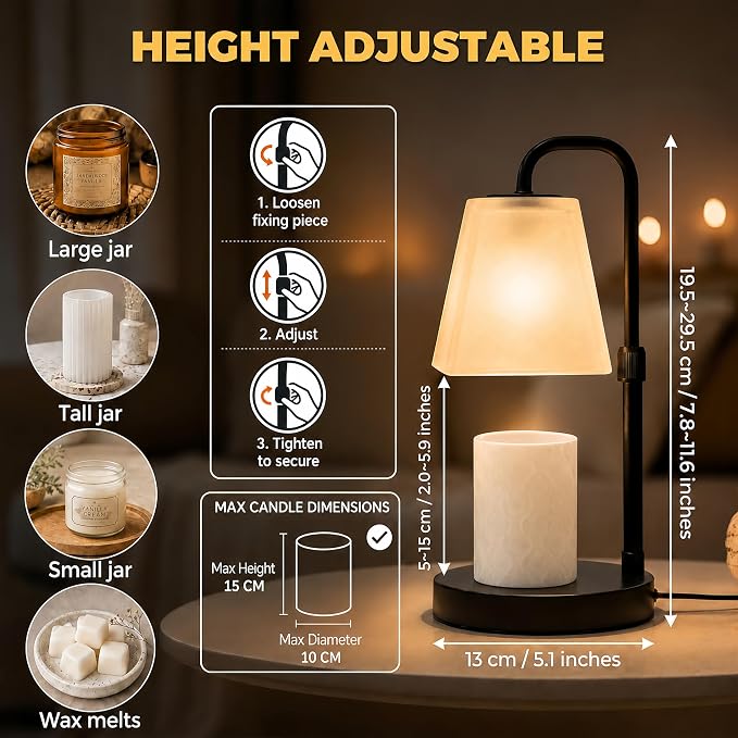 JIMEI Candle Warmer Lamp with Timer Electric Wax Warmer for Scented Wax Melt Warmer Melter for Jar Candles Dimmable Adjustable Height Gifts for Women Mom House Warming Frossted Glass Black