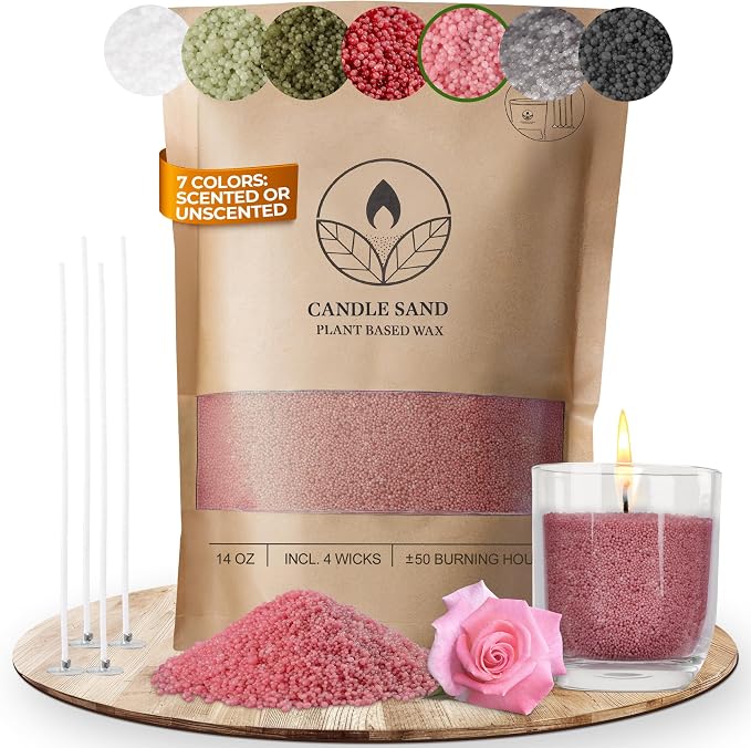 comforder Scented Candle Sand with Wicks, Pearled Candle, Wax Granules, 14oz Sand Wax Granules + 4 Wicks (Pink, Rose)