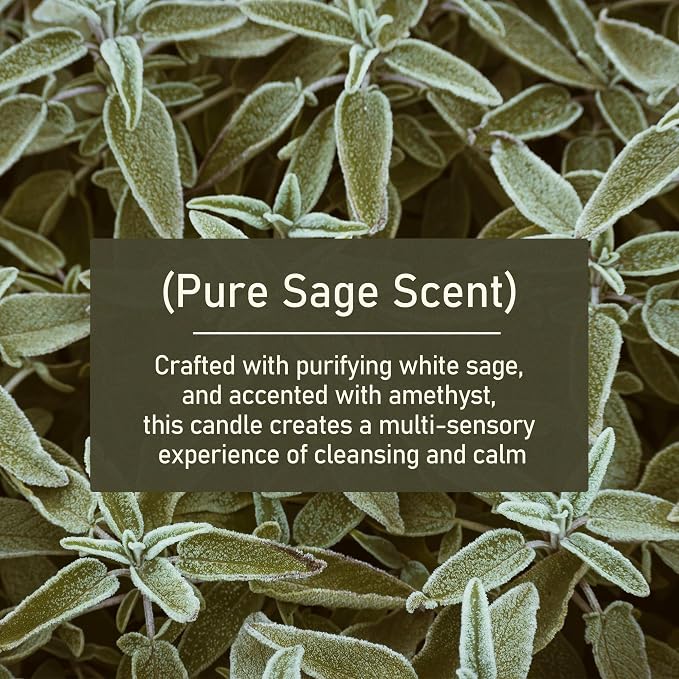 Pure Sage Candle for Cleansing - Soy Scented Candle with Crystals & Sage Leaves Inside, House Negative Energy Kit, Spiritual Gift for Women 6.5 oz