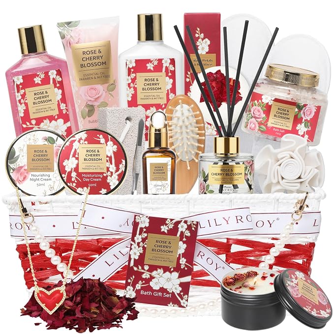 21Pcs Spa Gifts Skin Care Kit Set - Luxurious Rose Spa Gift Baskets for Women