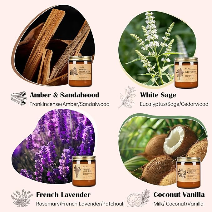 Soy Candles Set of 4, 9oz Natural Soy Wax Aromatherapy Candles, Home Scented Candles with 4 Scents (Lavender, Amber Sandalwood, White Sage, Coconut Vanilla), Gifts for Mom, Women, Relaxation, Yoga