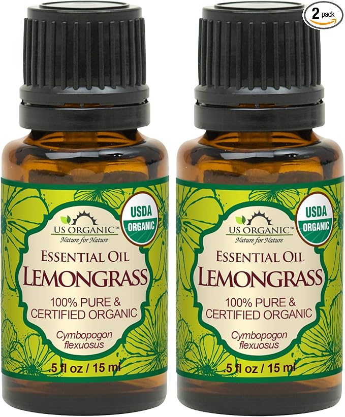 US Organic 100% Pure Lemongrass Essential Oil, USDA Certified Organic, Extracted by Steam Distillation Method, for Hair, Nail Polish Remover, Bees Attraction, and More. 15 ml, Value 2 Pack