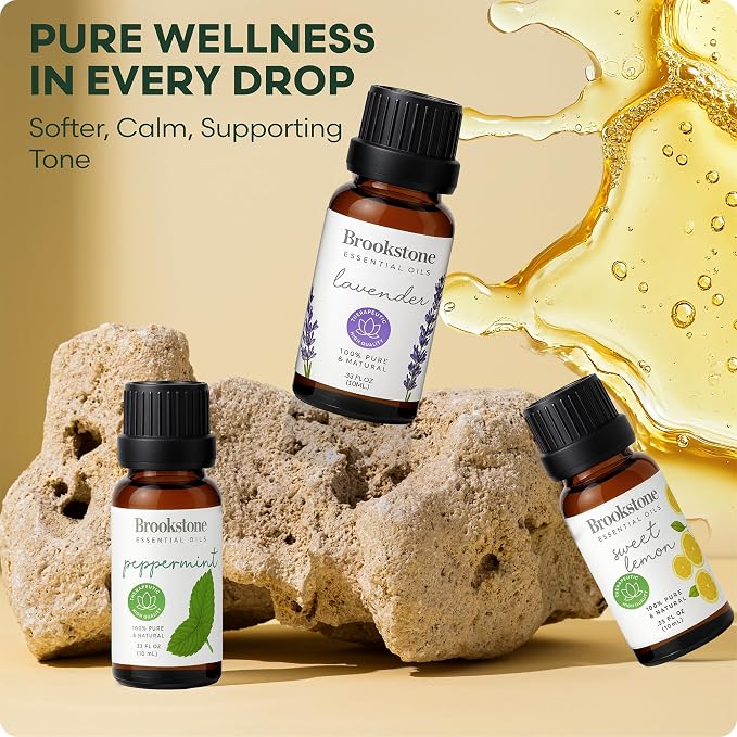 Brookstone Essential Oil Herbal Collection – 100% Pure Steam Distilled Therapeutic Grade Essential Oil Set for Aromatherapy Diffuser and Topical Use | Lemon, Lavender, Peppermint | 3-Pack 10ml Bottles
