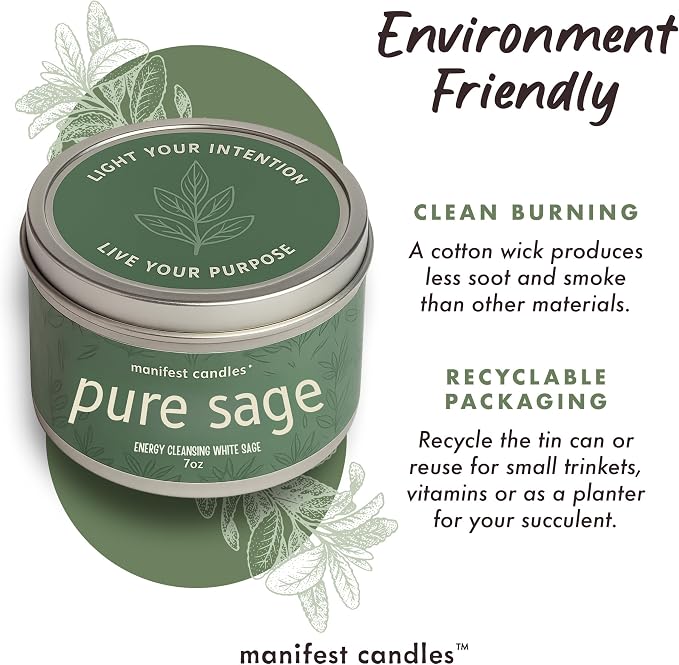 Manifest Candles, White Sage Candles for Cleansing House Negative Energy, 45 Hour Burn, Pure Sage Smudge Candle, Positive Energy Meditation Candle, Aromatherapy Candle, Spiritual Gifts, Healing Sage