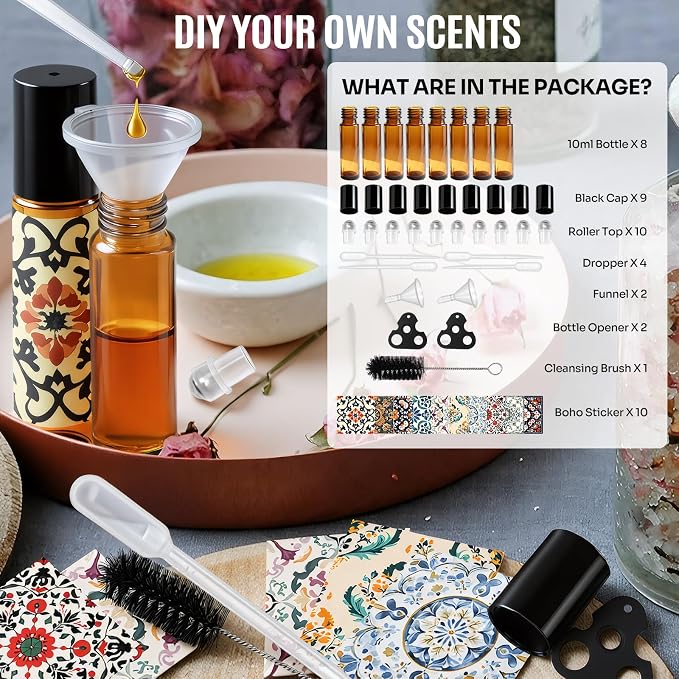 Roller Bottles for Essential Oils Roll On Bottles 8 Pack, 10ml Oil Roller Bottle Amber Thick Glass Empty with Oil Perfume Lip Gloss DIY Kits Boho Stickers Leak-Proof Refillable for Travel, Gift