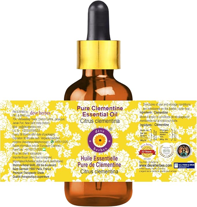 Deve Herbes Pure Clementine Essential Oil (Citrus Clementina) with Glass Dropper Steam Distilled 50ml (1.69 oz)