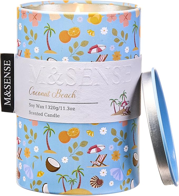 M&SENSE Summer Candle 11.3 oz, Coconut Beach Scented Candle, Non-Toxin Soy Wax for Home Scented, Ocean Candles Gift for Her, Up to 70 Hours Burning Long-Lasting Fragrance