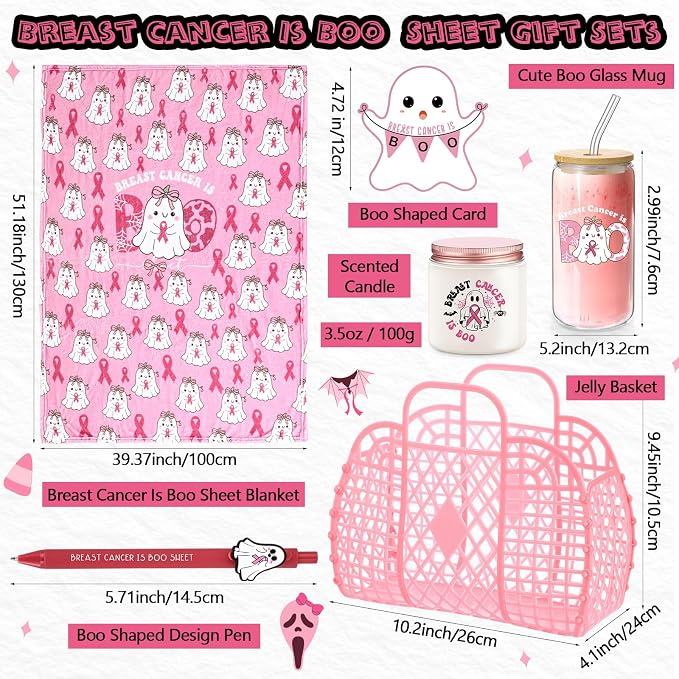 Roshtia 7 Pcs Breast Cancer Theme Jelly Basket for Women Throw Blanket Glass Mug Candle Jar Makeup Bag Plastic Handbag with Pen Card Gift for Breast Cancer Survivor