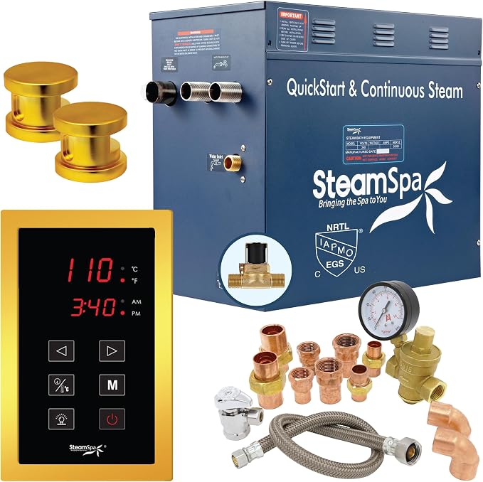 Premium 10.5 KW QuickStart Acu-Steam Bath Generator Package with Built-in Auto Drain in Polished Gold Finish|Touch Panel Control System|PRT1050GD-A