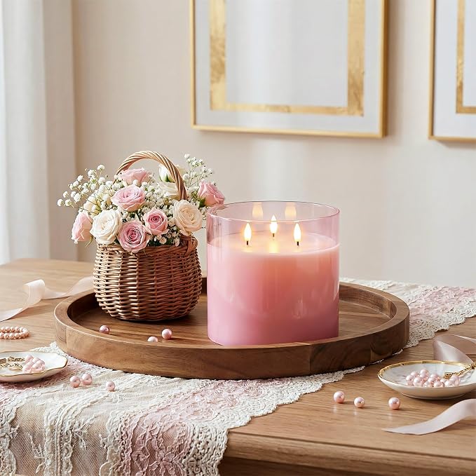 Homemory 6x6 Extra Large Flameless Candle with 3 Wicks, Pink Glass LED Pillar Candle, Real Wax Battery Operated Candle with Remote and Timer, Flickering Flameless Candle Home Wedding Valentine Decor